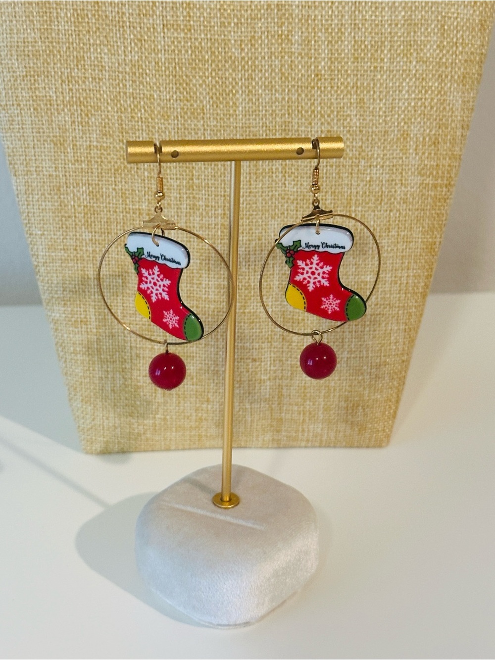 Fashion Jewelry Gold Hoop Christmas Stocking Earrings with Red Bead